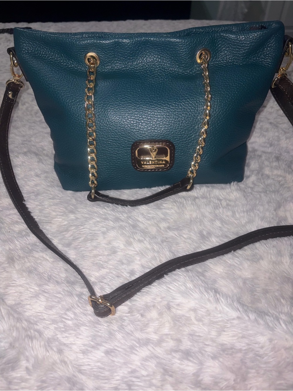 Valentina Italiano Dark Green Pebbled Leather Crossbody Handbag Gold Hardware